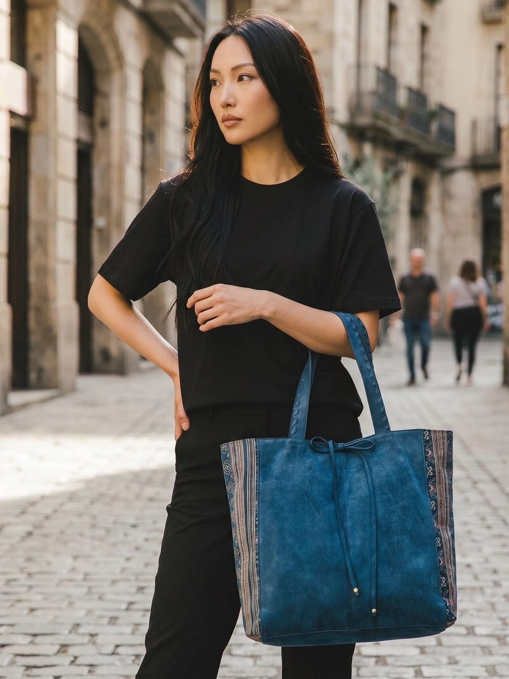 Style & Co. Airyell Tote, a blue faux-leather (vegan) bag tapestry style sides